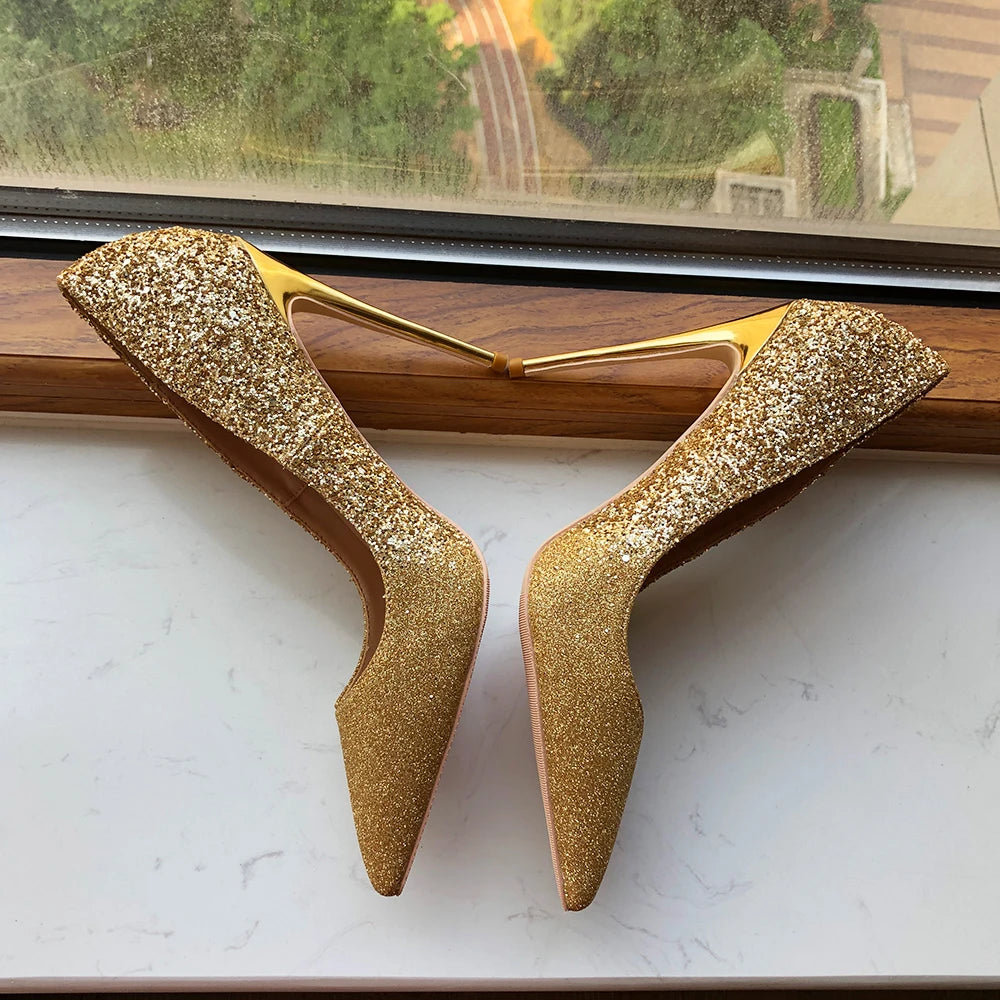 Gold Sequined Pointy Toe High Heel Wedding Bridal Shoes