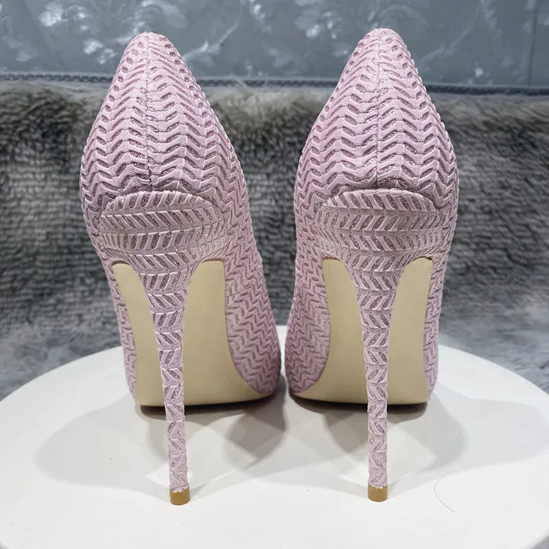 Embossed Pink Fabric Pointy Toe High Heel Party Wedding Shoes for Women