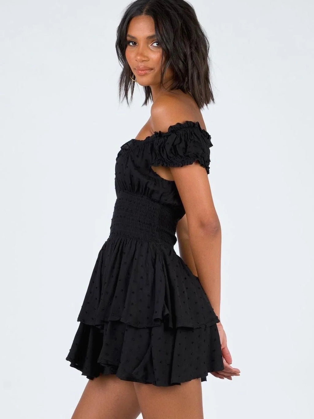 Off Shoulder Swiss Dot Smocked Waist Tiered Ruffle Mini Dress