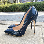 Navy Blue Patent Low Cut Pointy Toe Stiletto Pumps for Women