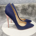 Blue Denim Jeans with Pointy Toe High Heel Shoes in Shiny Pink