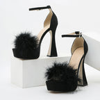 Pink Feather Fluffy High Heels Platform Sandals for Women