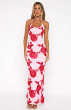 Mesh 3D Floral Applique Halter Neck Sleeveless Bodycon Maxi Dress