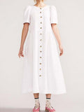 Linen V-Neck Short Sleeve Button Front Pocket Midi Dress