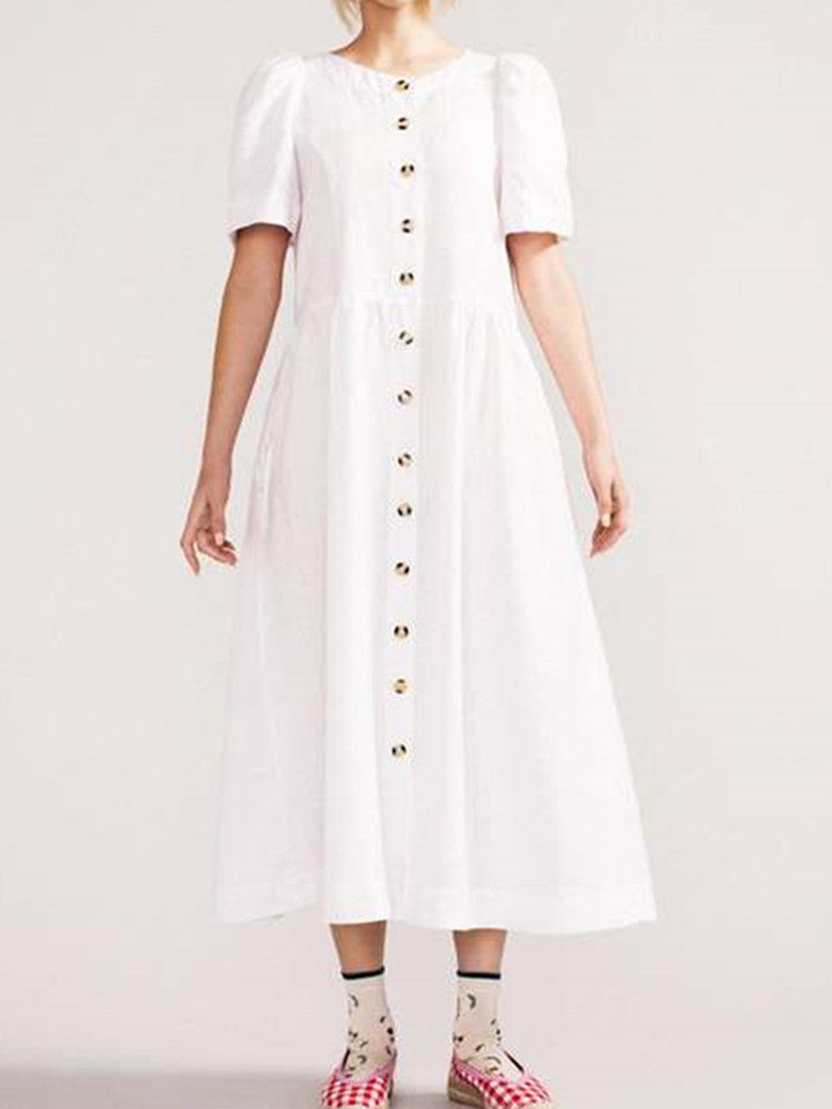 Linen V-Neck Short Sleeve Button Front Pocket Midi Dress