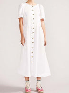 Linen V-Neck Short Sleeve Button Front Pocket Midi Dress