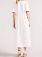 Linen V-Neck Short Sleeve Button Front Pocket Midi Dress