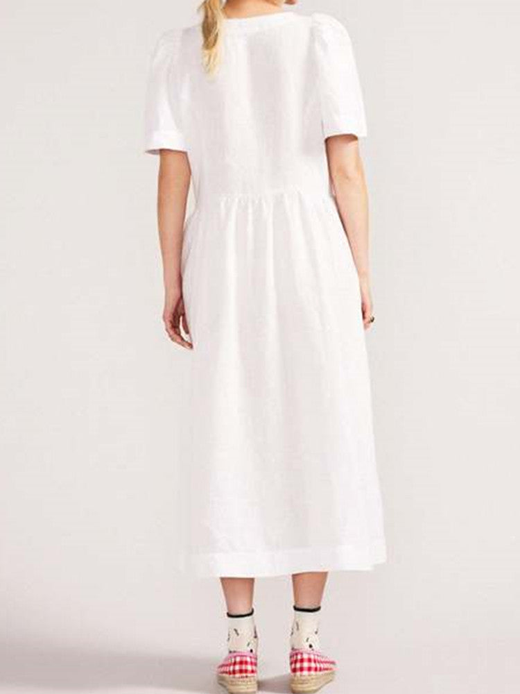 Linen V-Neck Short Sleeve Button Front Pocket Midi Dress