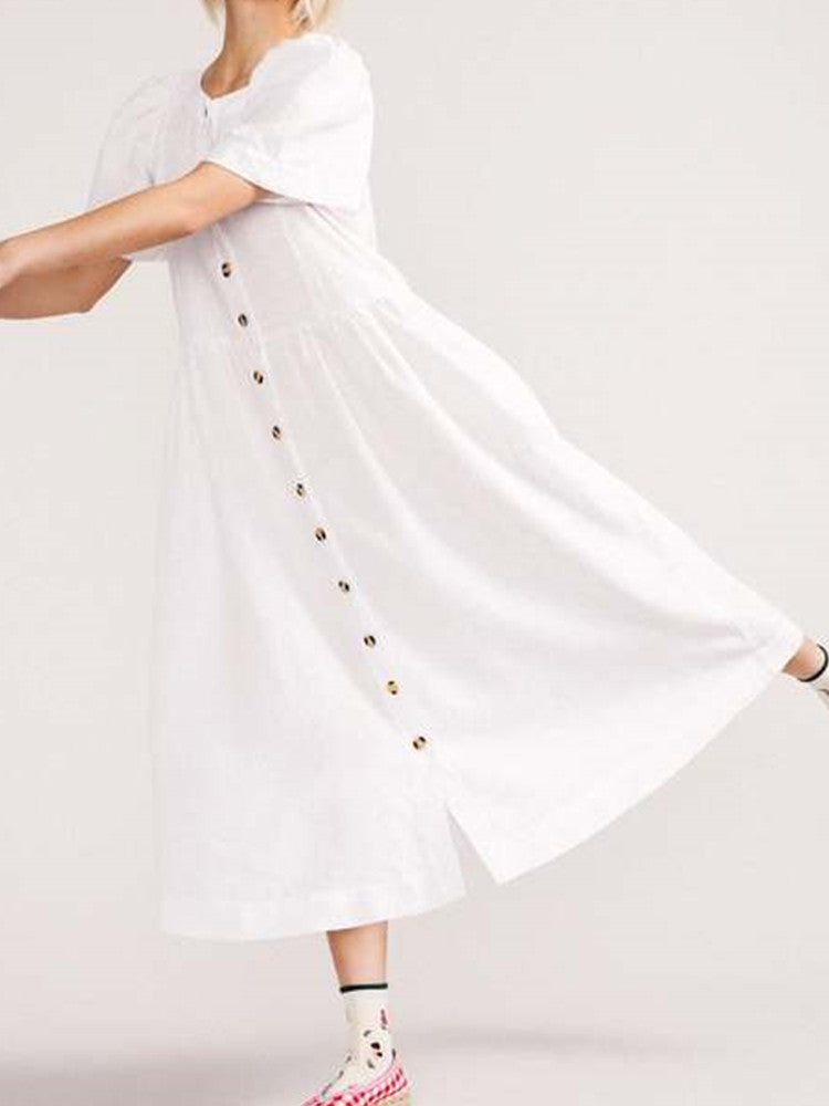 Linen V-Neck Short Sleeve Button Front Pocket Midi Dress