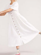 Linen V-Neck Short Sleeve Button Front Pocket Midi Dress