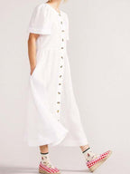 Linen V-Neck Short Sleeve Button Front Pocket Midi Dress