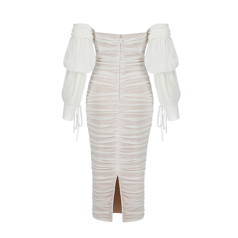 Off Shoulder Long Sleeve Wrinkled Midi Bandage Dress HB7780