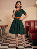 Vintage Dress 1950s Yellow Two-Tone Bows Short Sleeves Embellished Collar Medium Swing Dress
