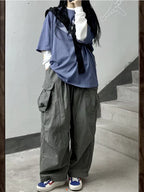 Gray Cargo Women Harajuku Grunge Baggy Japanese Style Oversize Wide Leg Pant