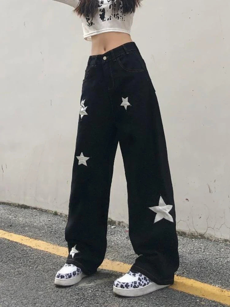 Retro Print Black Cargo Women Gothic Punk Oversize Pant