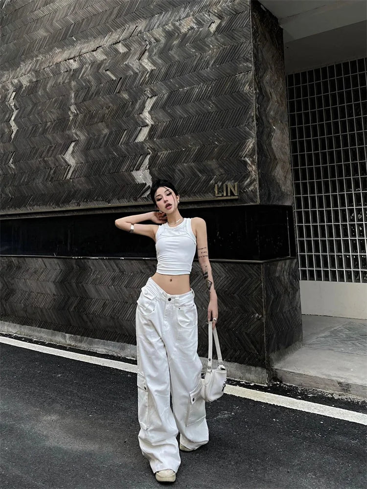 Y2K Vintage White Cargo Korean Style Wide Leg Denim Oversized Streetwear Pant