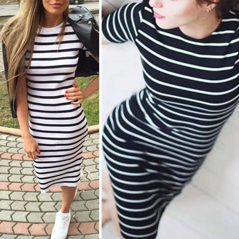 Horizontal Stripe Short Sleeve Crew Neck Ribbed Bodycon Midi Dress