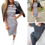 Horizontal Stripe Short Sleeve Crew Neck Ribbed Bodycon Midi Dress