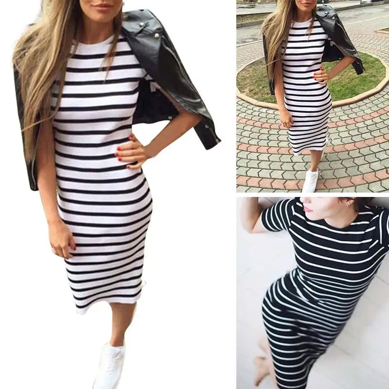 Horizontal Stripe Short Sleeve Crew Neck Ribbed Bodycon Midi Dress