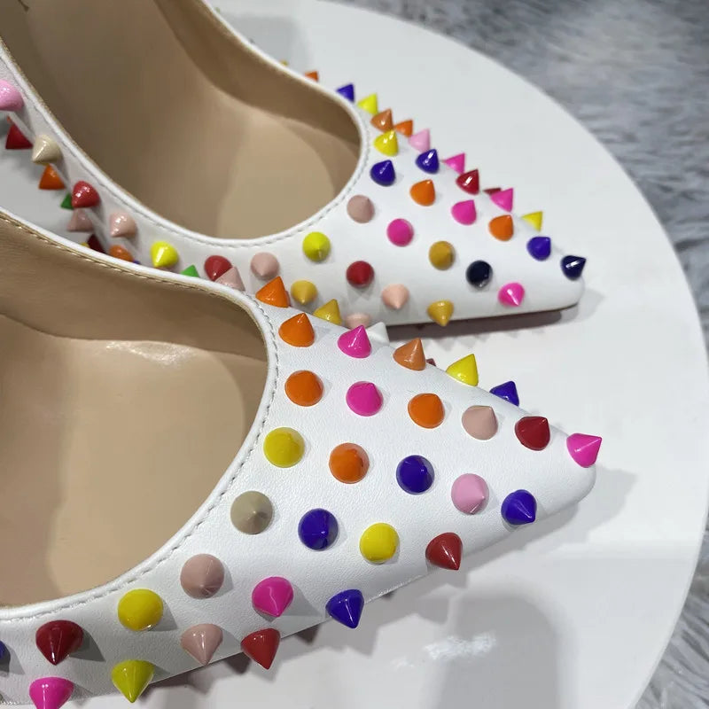 White Matte Pointy Toe High Heel Celebrity Party Shoes with Multi-Color Spikes for Women