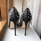 Black Matte Sexy Stiletto High Heels with Silver Spikes for Women