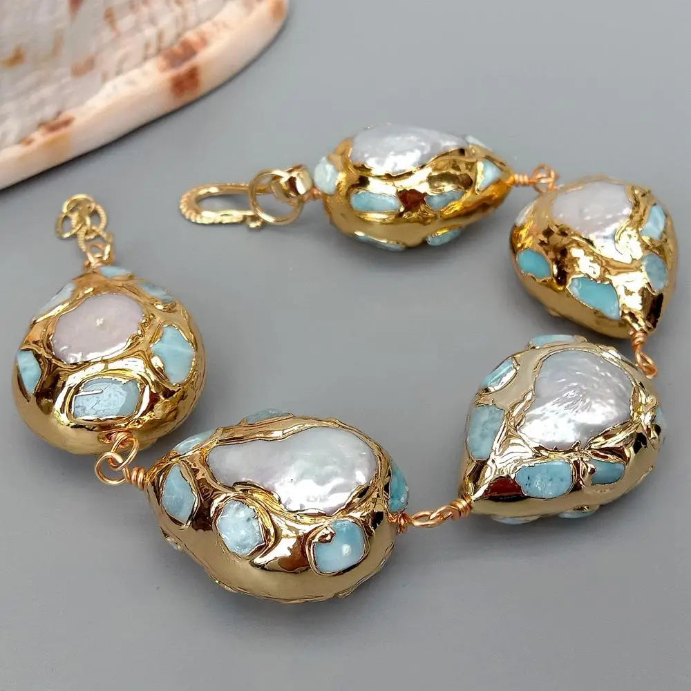 Blue Larimar with Freshwater Pearls Wrap Bracelet