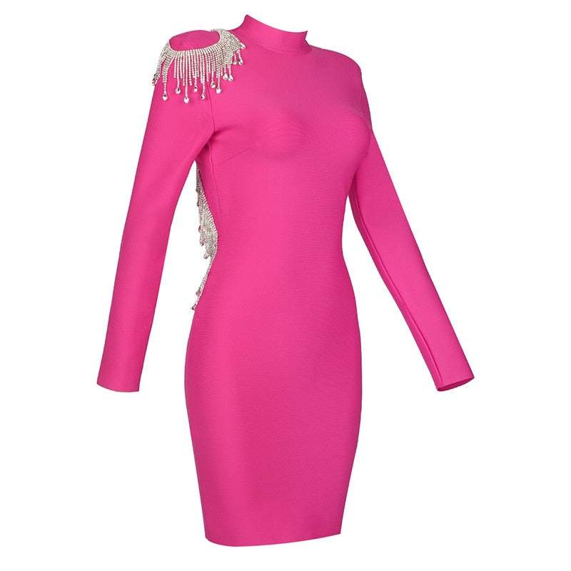 Crystal Fringe Open Back Mock Neck Long Sleeve Bodycon Dress