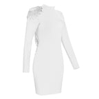 Crystal Fringe Open Back Mock Neck Long Sleeve Bodycon Dress