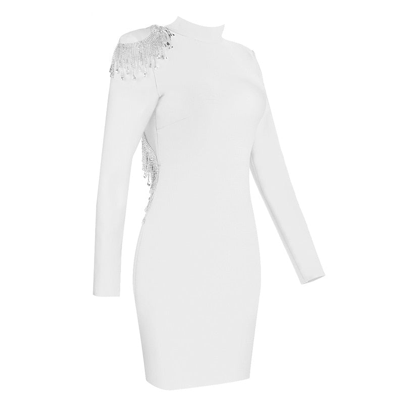 Crystal Fringe Open Back Mock Neck Long Sleeve Bodycon Dress