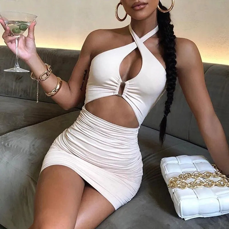 Halter Keyhole Ring Detail Waist Cut Out Ruched Bodycon Mini Dress