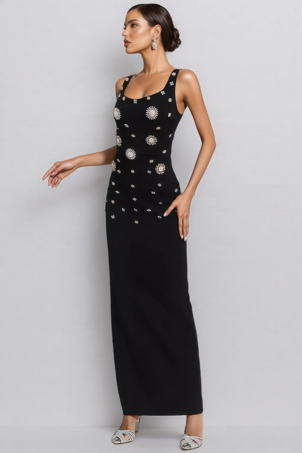 Ysolly Hadlee Black Embellished Diamond Maxi Dress