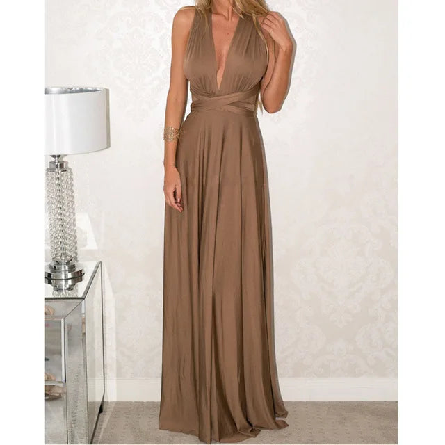 Convertible Wrap Strap Halter Waist Band High Slit Swing Maxi Dress