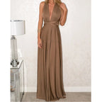 Convertible Wrap Strap Halter Waist Band High Slit Swing Maxi Dress
