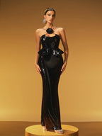 Sequin Peplum Cross Strap Flower Rosette Maxi Dress