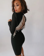 Crystal Fringe Open Back Mock Neck Long Sleeve Bodycon Dress