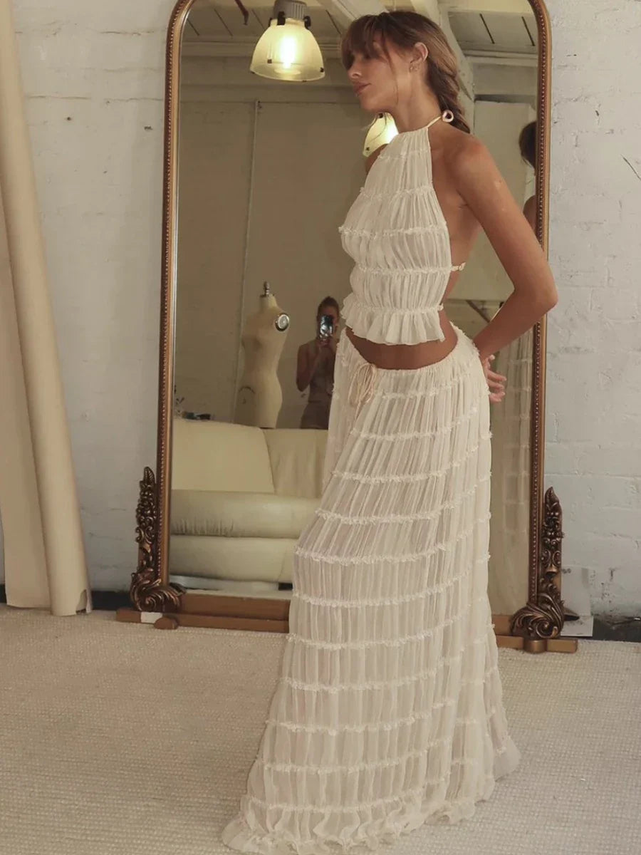 Smocked Ruffle Halter Crop Top and Maxi Skirt Two Piece Set