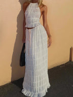Smocked Ruffle Halter Crop Top and Maxi Skirt Two Piece Set