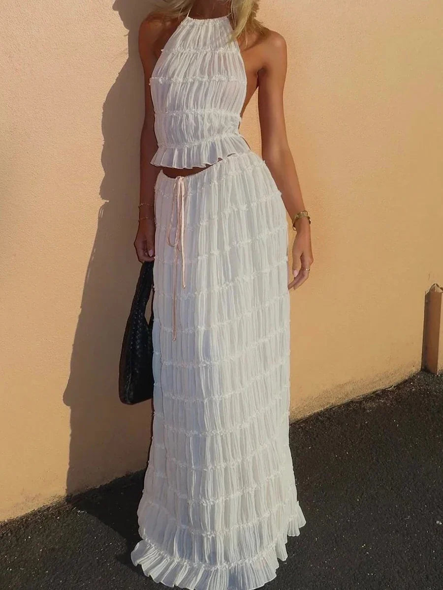 Smocked Ruffle Halter Crop Top and Maxi Skirt Two Piece Set