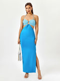 Halter Cut Out Color Clash Slit Dress