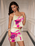 Halter Floral Print Cami Top&Bodycon Mini Skirt