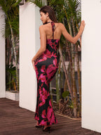Halter Metal Decoration Cut Out Floral Print Mermaid Dress