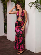 Halter Metal Decoration Cut Out Floral Print Mermaid Dress
