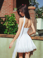 Halter Neck Ruched Bust Pleated Hem Mesh Dress