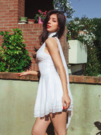 Halter Neck Ruched Bust Pleated Hem Mesh Dress