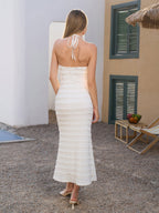 Halter Ring Embellished Ruched Knitted Long Dress