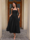 Halter Ruched Backless Flared Pocket Long Dress