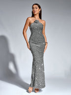 Halter Stereo Flower Sequin Mermaid Dress