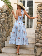Halter Tie Smocking Floral Print Bodycon Dress