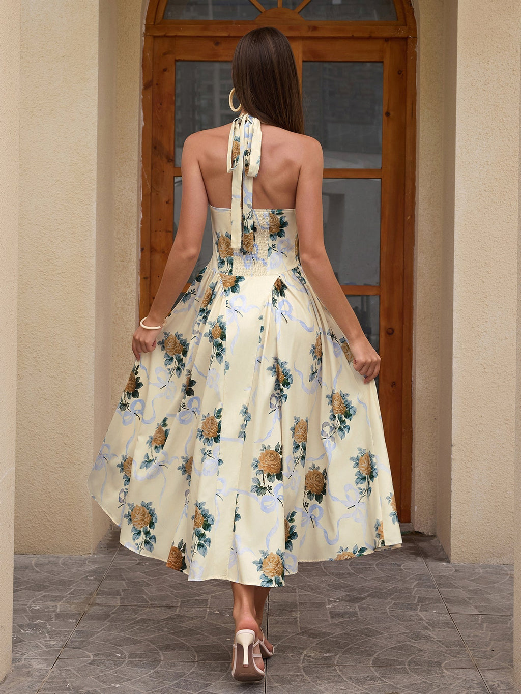 Halter Tie Smocking Floral Print Bodycon Dress