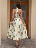 Halter Tie Smocking Floral Print Bodycon Dress